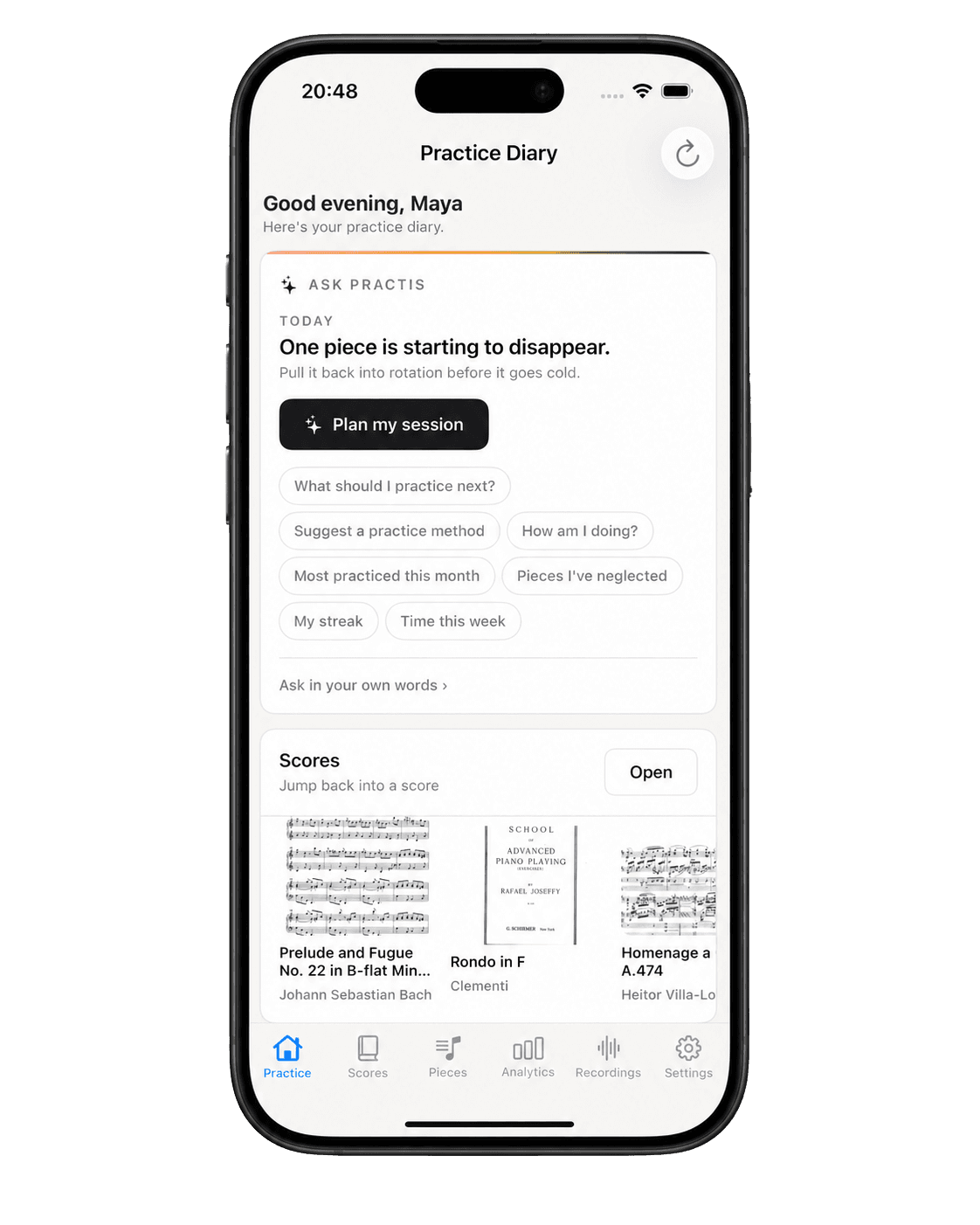 The Practis practice diary on iPhone
