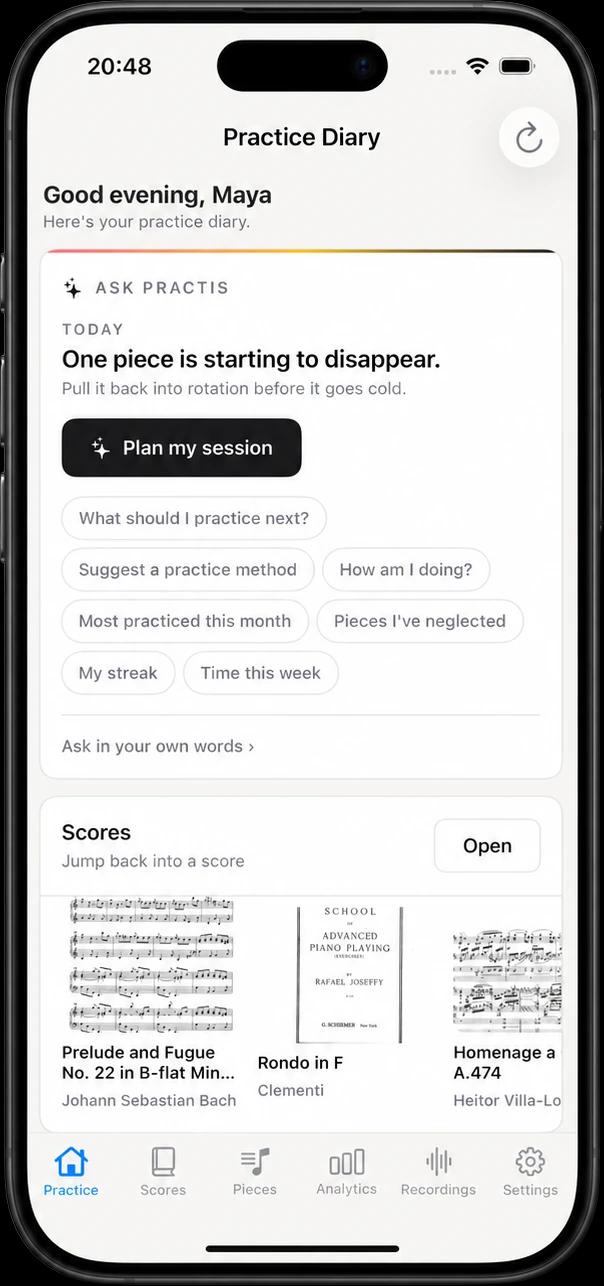 Practis iPhone 应用，展示练习日记和乐谱