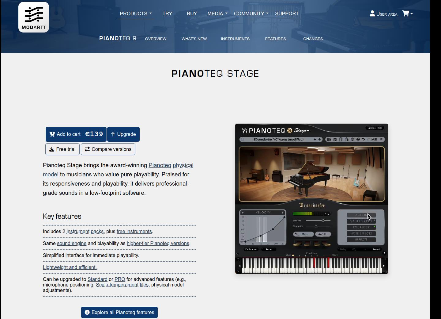 Modartt’s Pianoteq Stage page shows the velocity curve, EQ and effects alongside its feature list