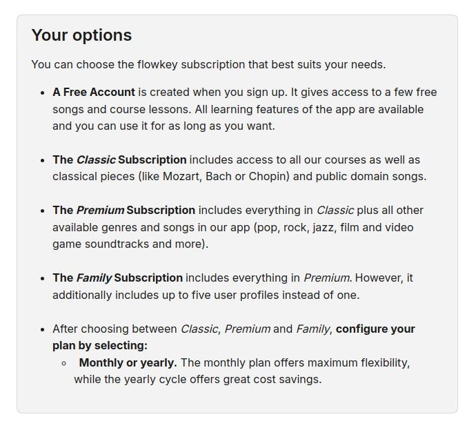 Flowkey help page explaining its Free, Classic, and Premium subscription options