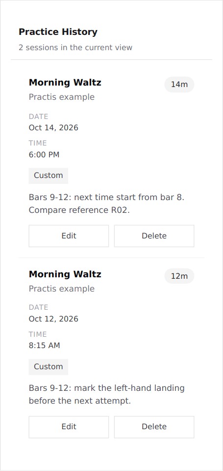 Practis History showing two Morning Waltz sessions, with 14 and 12 minutes and their separate passage notes