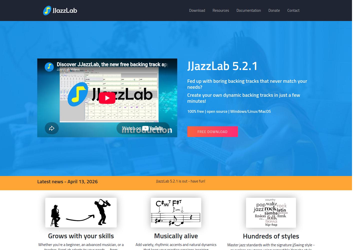 JJazzLab website showing its free backing-track software and desktop interface
