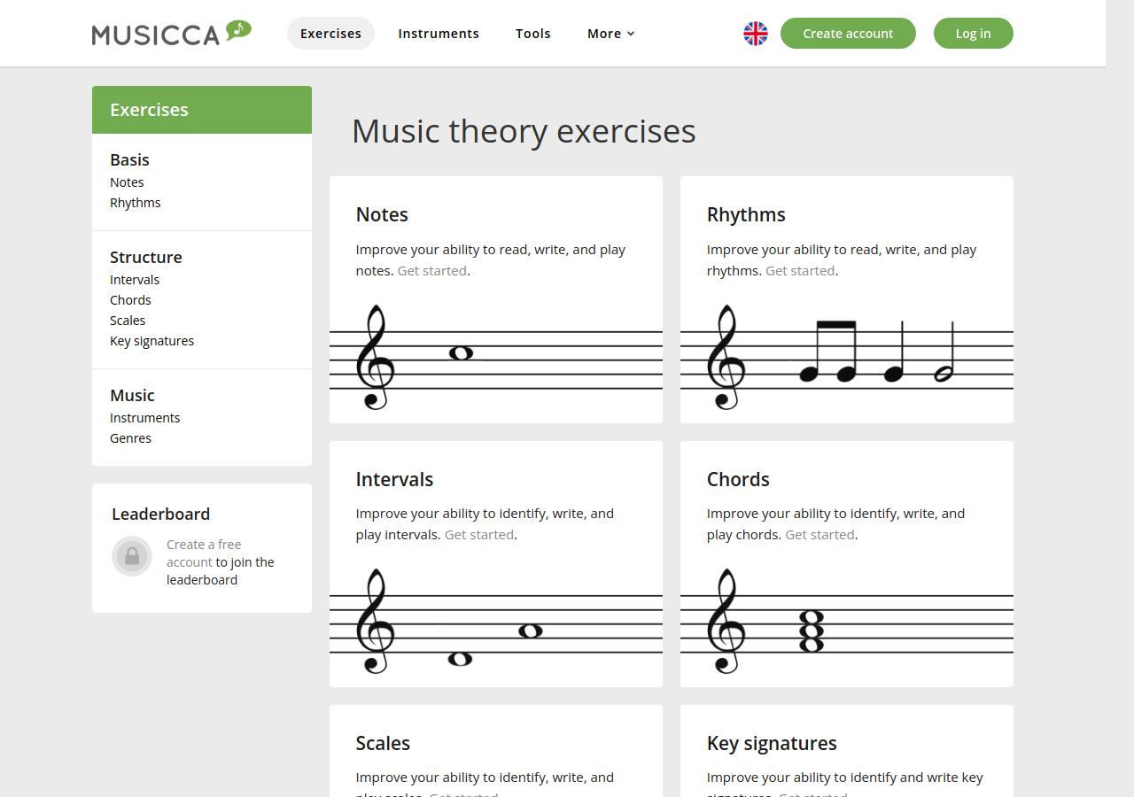 Musicca exercise overview showing notes, rhythms, intervals, chords, scales, and key signatures
