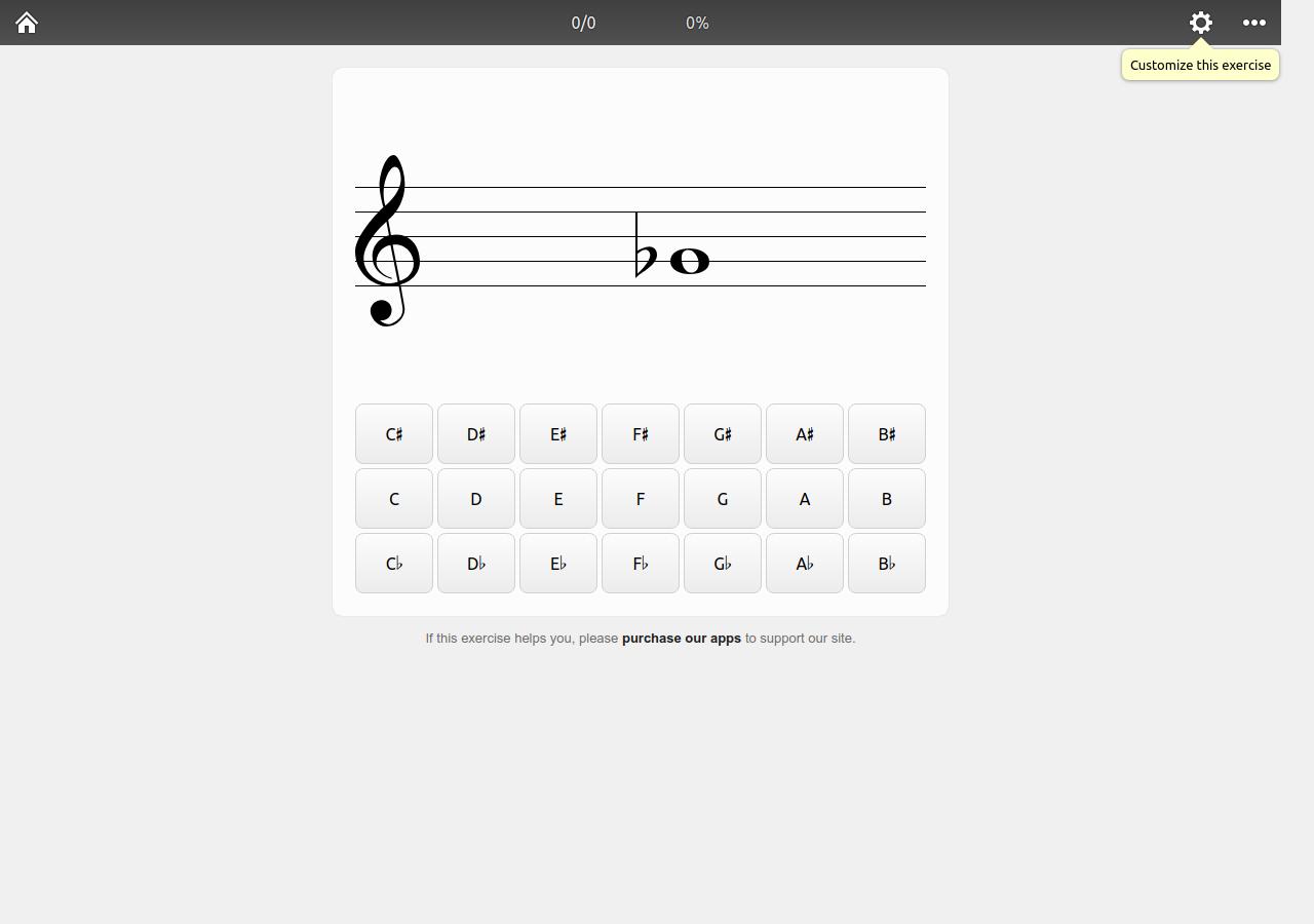 musictheory.net note-identification exercise showing a treble-clef note and answer buttons