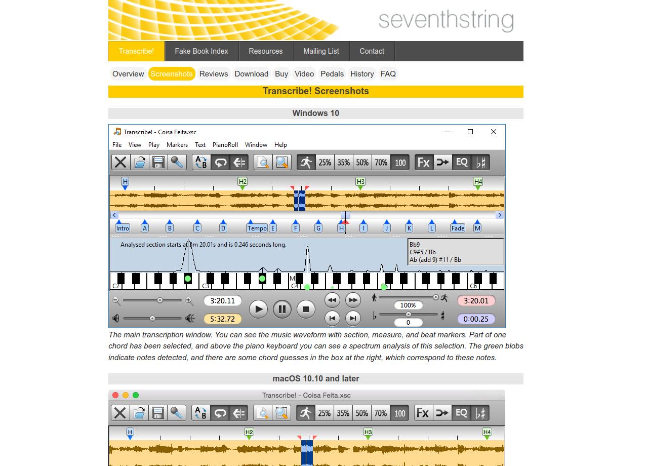 Seventh String's Transcribe! gallery showing a waveform with markers, speed buttons, a pitch spectrum and chord guesses above a piano keyboard