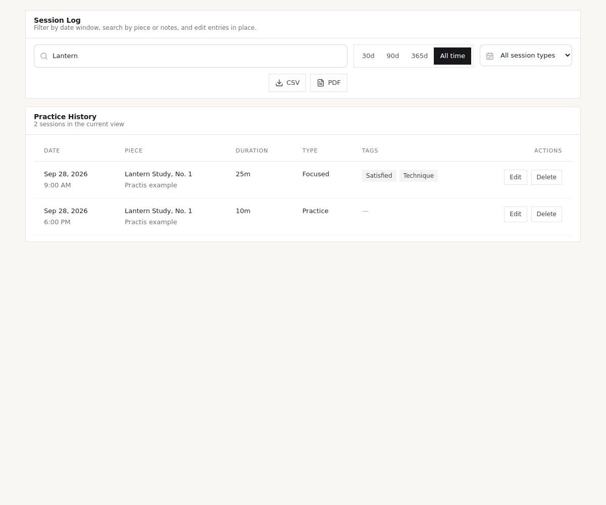 Practis History filtered to the two Lantern Study example sessions, with CSV and PDF export controls
