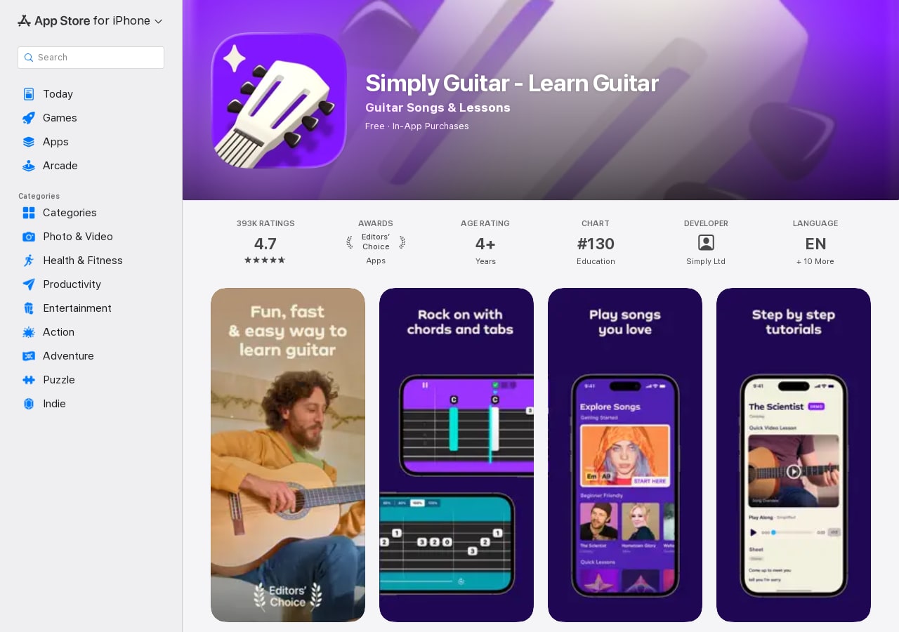 Simply Guitar App Store page showing chord, tab, song, and tutorial screens