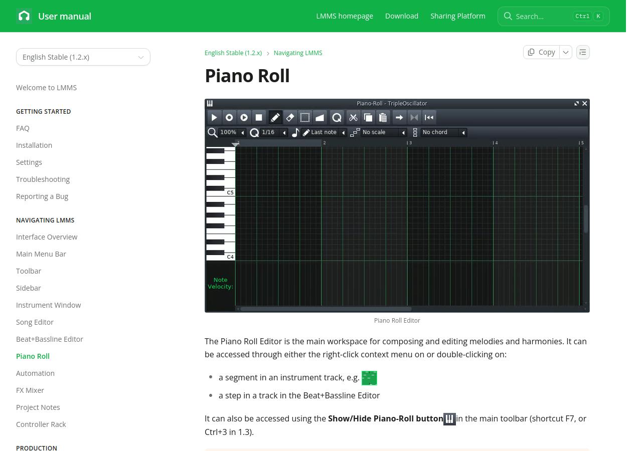 LMMS stable-version manual showing the Piano Roll editor and its introductory explanation