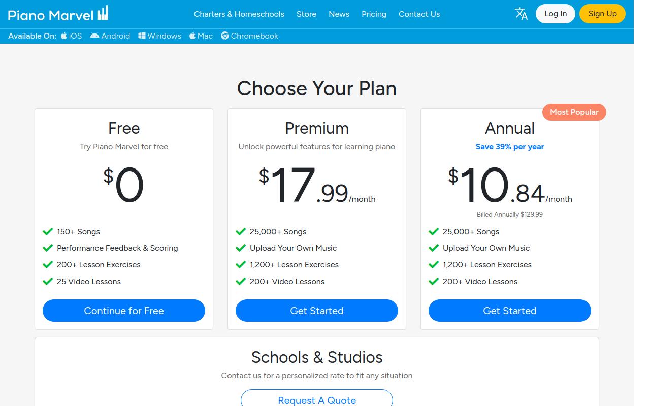 Piano Marvel pricing page showing its free, monthly, and annual learning plans