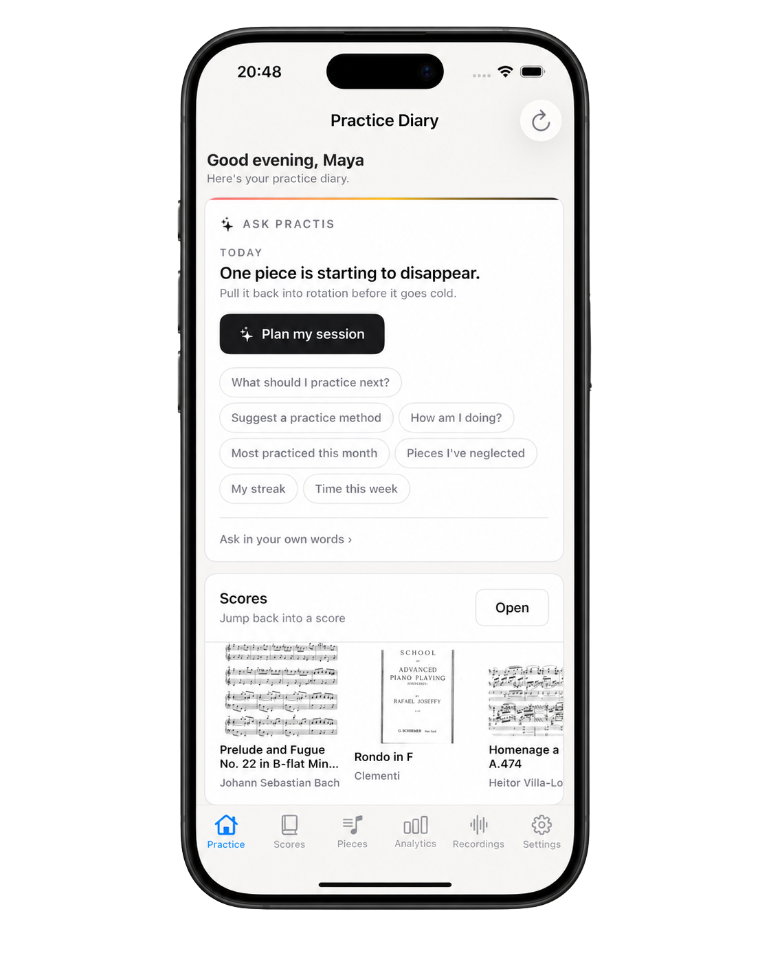 Practis mobile practice diary showing scores, session tools, and a suggested next step