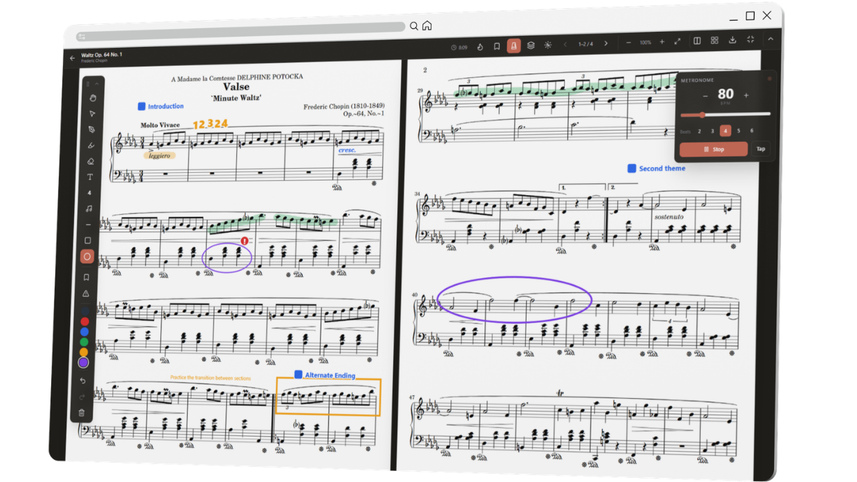 Practis Score browser workspace with annotated sheet music, bookmark labels, a trouble spot, and a movable metronome